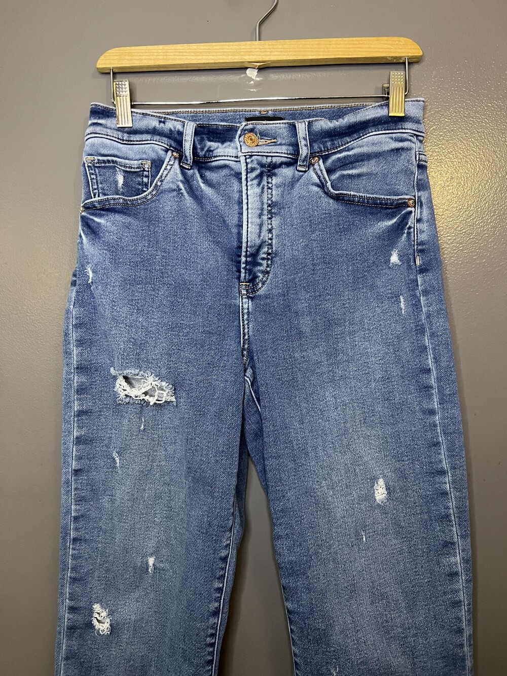 Express Straight Ankle Jeans Womens 6L Med Wash High Rise Distressed Tall Denim